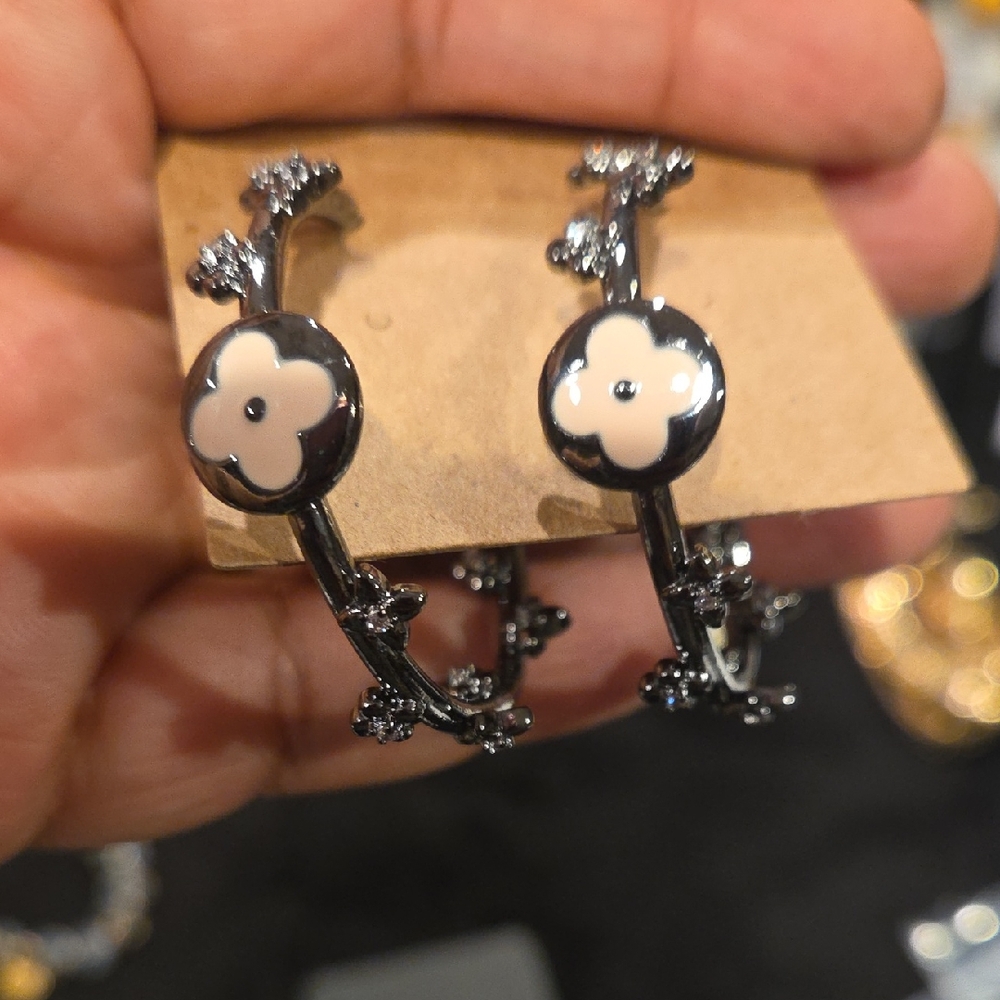 Black and Cream Floral Hoop Earrings